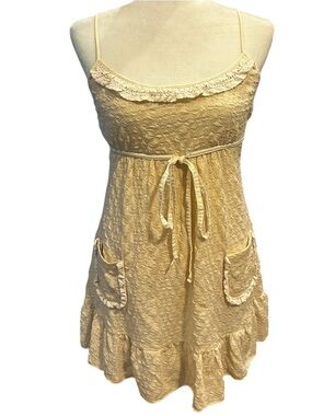 Sleeveless Cream Lace-Trim Mini Dress with Tie Waist